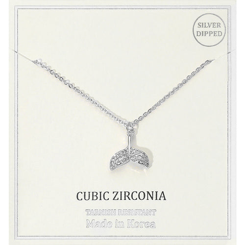 Silver Dipped CZ Stone Paved Whale Tale Pendant Necklace - Clear, Rhodium