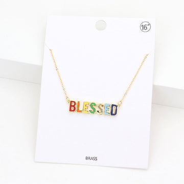 Madeline Love Gold BLESSED Brass Metal Enamel Message Pendant Necklace - Necklaces