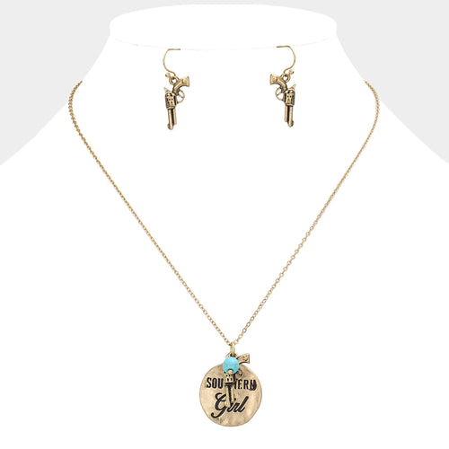 "Southern Girl" Gun Charm Necklace - Worn Gold
