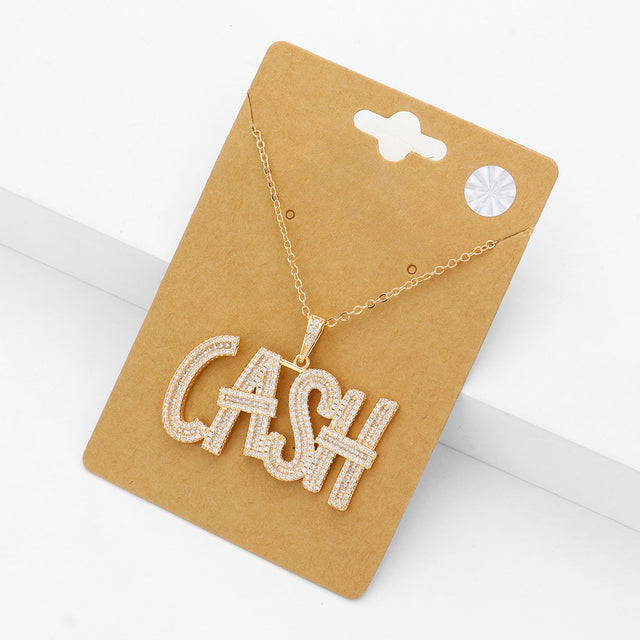 Madeline Love Gold CZ Stone Paved CASH Message Pendant Necklace - Necklaces
