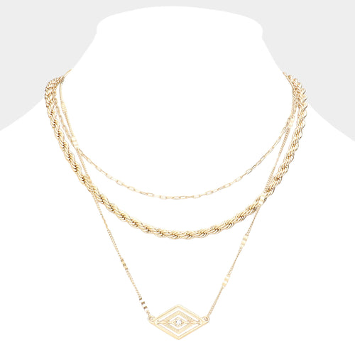 Rhinestone Centered Metal Rhombus Pendant Triple Layered Necklace - Worn Gold