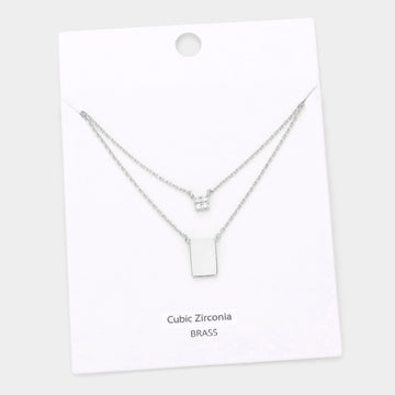 Madeline Love Rhodium CZ Embellished Square Brass Metal Rectangle Pendant Double Layered Necklace - Necklaces