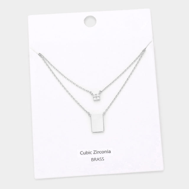 Madeline Love Rhodium CZ Embellished Square Brass Metal Rectangle Pendant Double Layered Necklace - Necklaces