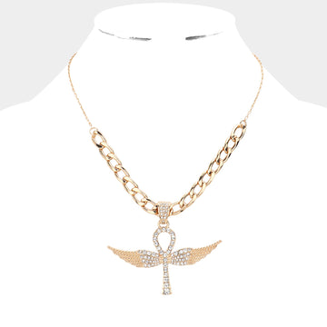 Madeline Love Gold Rhinestone Embellished Metal Angel Wing Key Pendant Chain Necklace - Necklaces