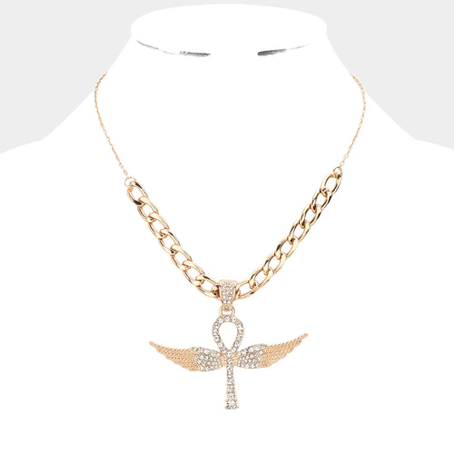 Rhinestone Embellished Metal Angel Wing Key Pendant Chain Necklace - Gold