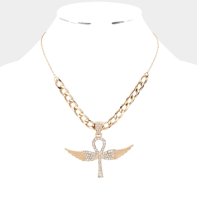 Madeline Love Gold Rhinestone Embellished Metal Angel Wing Key Pendant Chain Necklace - Necklaces