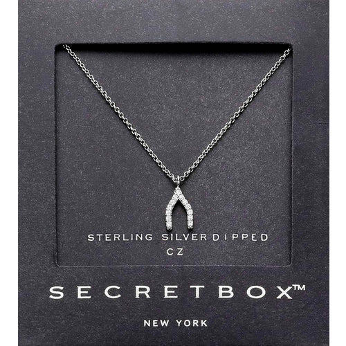 SECRET BOX_Sterling Silver Dipped CZ Stone Paved Wishbone Pendant Necklace - White Gold