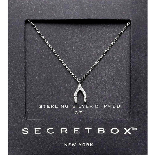 Madeline Love White Gold SECRET BOX_Sterling Silver Dipped CZ Stone Paved Wishbone Pendant Necklace - Jewelry