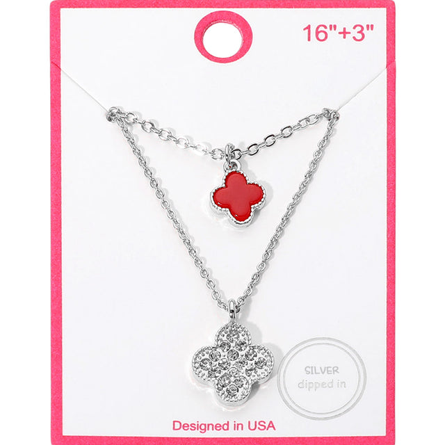 Madeline Love Red, Rhodium Silver Dipped Double Quatrefoil Pendant Layered Necklace - Necklaces