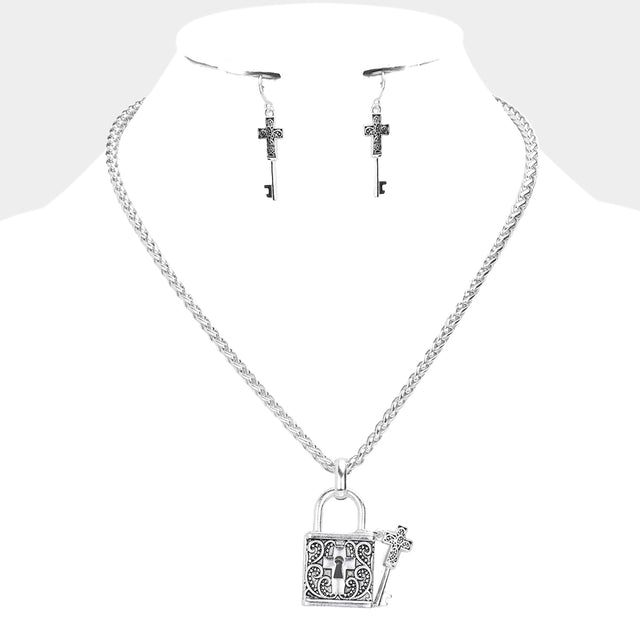 Madeline Love Antique Silver Cross Centered Metal Lock Key Pendant Necklace - Necklaces