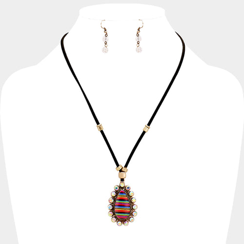 Faux Leather Cord Serape Rhinestone Teardrop Necklace - Multi, Gold Burnished, Black