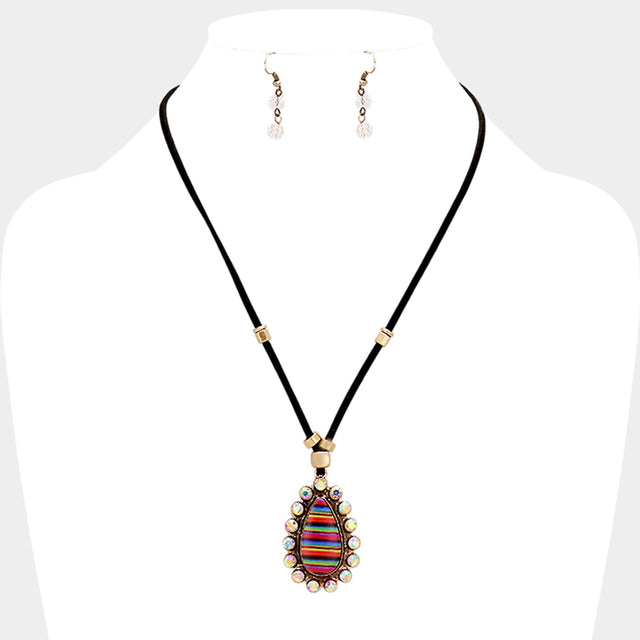 Madeline Love Multi, Gold Burnished, Black Faux Leather Cord Serape Rhinestone Teardrop Necklace - Jewelry