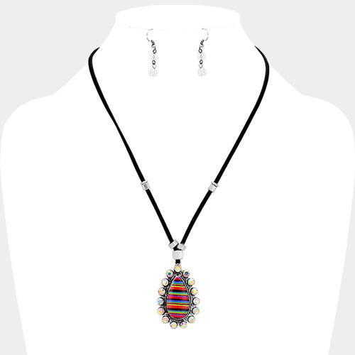 Faux Leather Cord Serape Rhinestone Teardrop Necklace - Silver Burnished, Multi, Black
