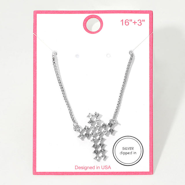 Madeline Love Clear, Rhodium Silver Dipped Rhinestone Cross Pendant Necklace - Jewelry