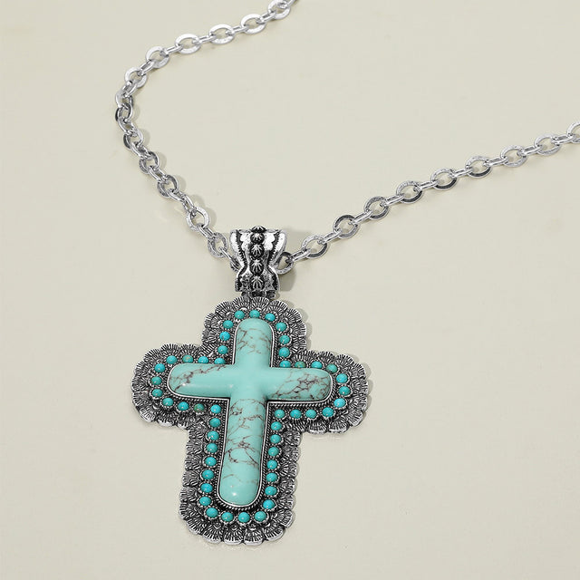 Madeline Love Silver Burnished, Turquoise Bold Western Cross Pendant Statement Necklace - Jewelry