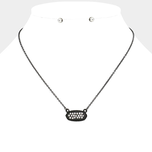 Crystal embellished oval pendant necklace - Black, Clear