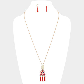 Madeline Love Gold, Ivory, Red Abstract Patterned Geometric Link Pendant Necklace - Necklaces