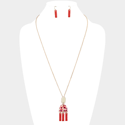 Abstract Patterned Geometric Link Pendant Necklace - Gold, Ivory, Red