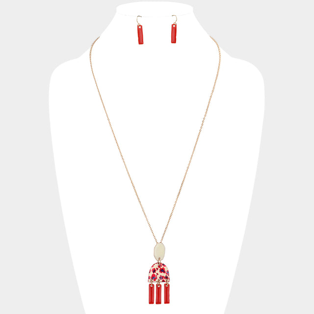Madeline Love Gold, Ivory, Red Abstract Patterned Geometric Link Pendant Necklace - Necklaces