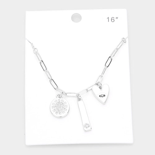 Rhinestone Embellished Metal Round Rectangle Evil Eye Accented Heart Pendant Necklace - Rhodium