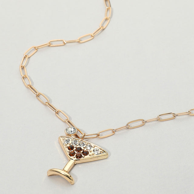 Madeline Love Clear, Gold Stone Paved Martini Glass Pendant Paperclip Chain Necklace - Jewelry
