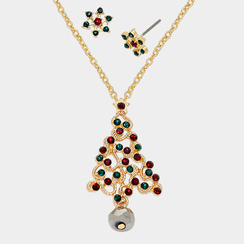 Crystal Christmas Tree Pendant Necklace with Snow Flake Earrings - Gold, Siam, Emerald