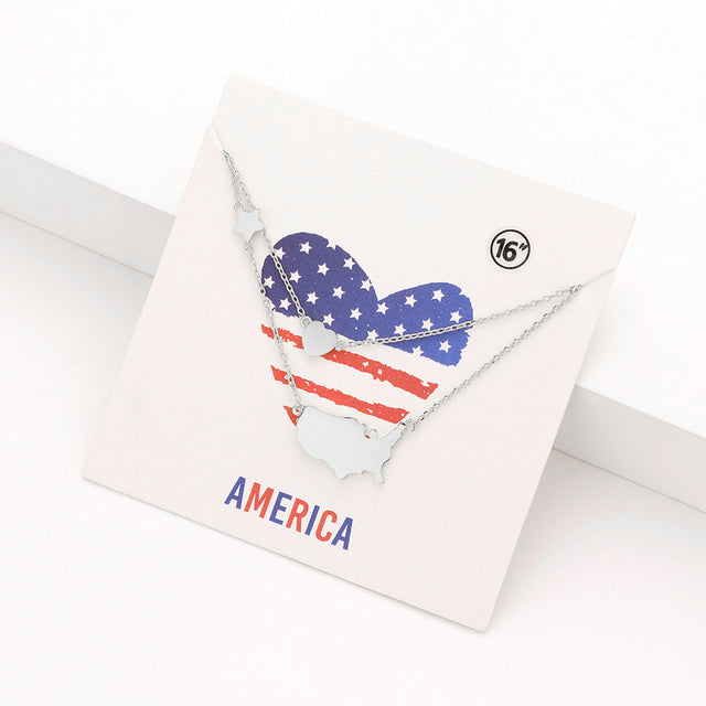 Madeline Love Rhodium Metal American USA Flag United State Map Star Heart Pendant Double Layered Necklace - Necklaces