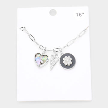 Madeline Love Abalone Rhinestone Embellished Abalone Heart Triangle Quatrefoil Pendant Necklace - Necklaces