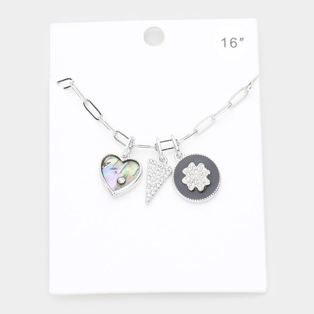 Madeline Love Abalone Rhinestone Embellished Abalone Heart Triangle Quatrefoil Pendant Necklace - Necklaces