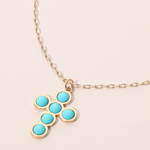 Round Stone Accent Cross Pendant Necklace - Turquoise