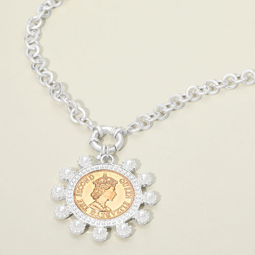 Bold Pearl Decorative Coin Pendant Necklace - Worn Silver