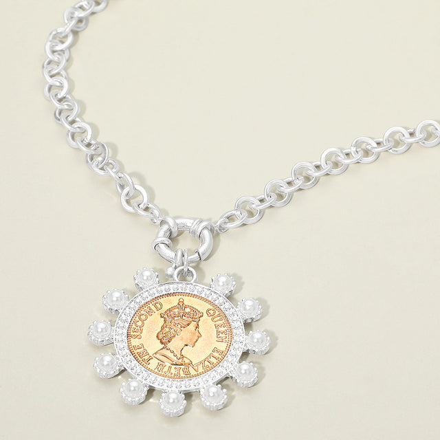 Madeline Love Worn Silver Bold Pearl Decorative Coin Pendant Necklace - Necklaces