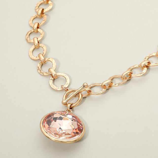 Madeline Love Peach Bold Oval Gemstone Pendant Brushed Metal Chunky Chain Toggle Necklace