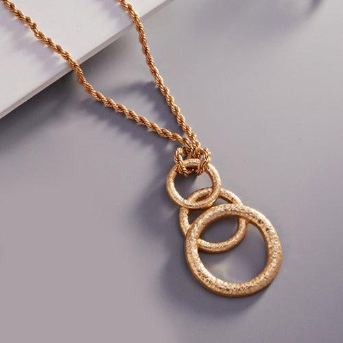 Triple Open Metal Circle Link Pendant Necklace - Worn Gold