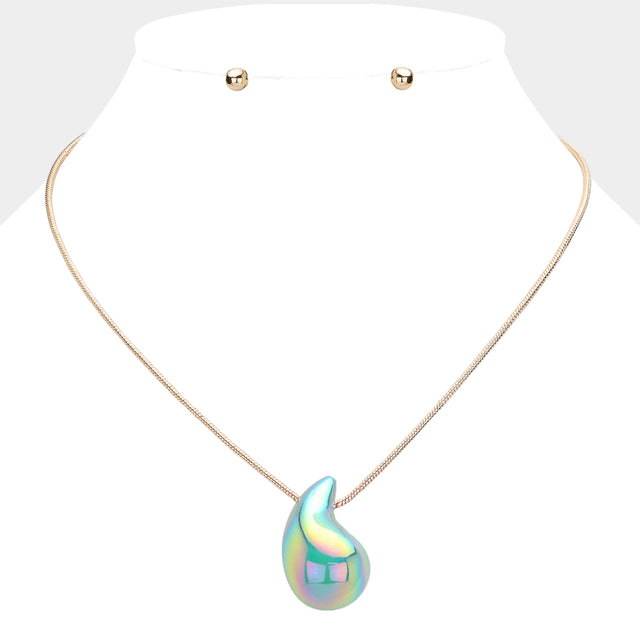 Madeline Love AB, Green Metallic Teardrop Pendant Necklace - Jewelry