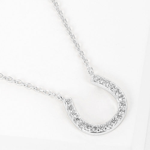 White Gold Dipped CZ Stone Paved Horseshoe Pendant Necklace - Clear, Rhodium