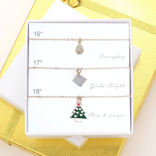 3PCS - Teardrop Natural Stone Christmas Tree Pendant Necklaces - Gold