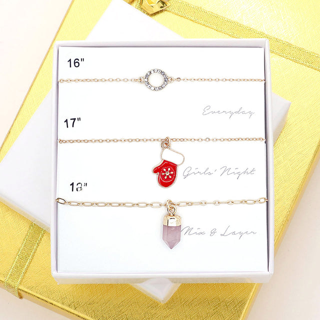 Madeline Love Gold 3PCS - Open Circle Glove Natural Stone Pendant Necklaces