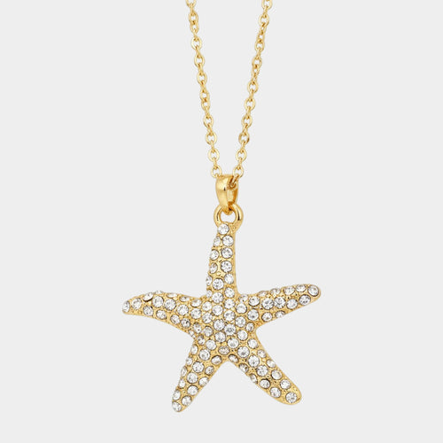 Crystal Pave Starfish Pendant Necklace - Clear, Gold