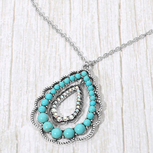 Boho Stone Beaded Layered Teardrop Pendant Necklace - Rhodium, Turquoise