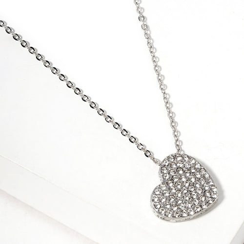 Collar con colgante de corazón con cristales pavimentados - Rodio transparente