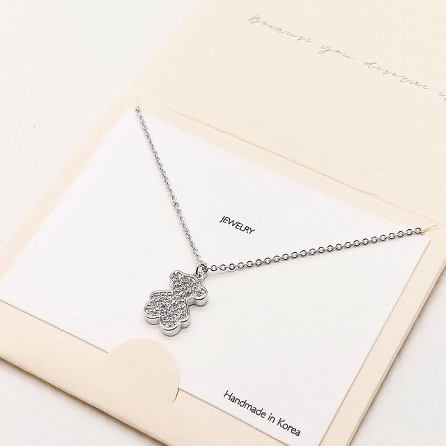 Madeline Love Silver CZ Embellished Metal Bear Pendant Necklace - Jewelry