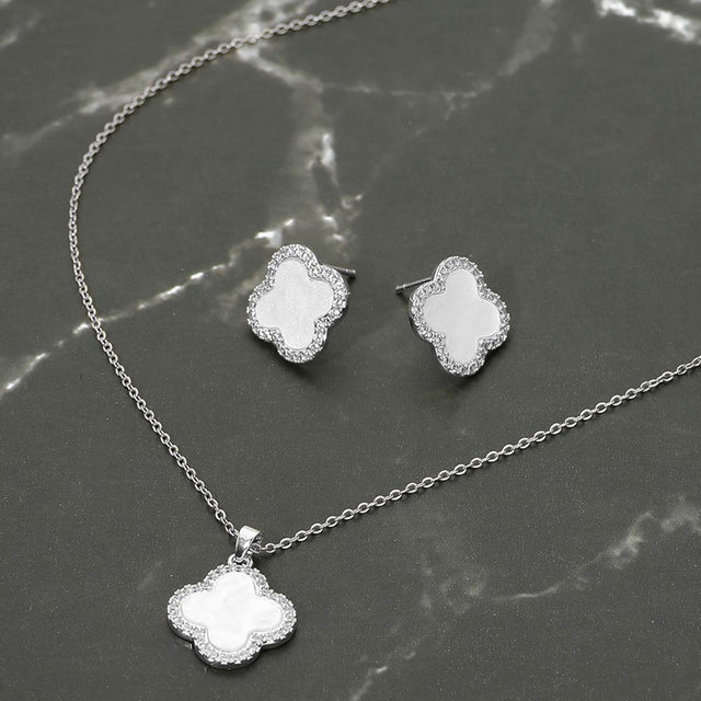 Madeline Love Mother of Pearl, Silver Stainless Steel Stone Rim Quatrefoil Pendant Necklace - Jewelry