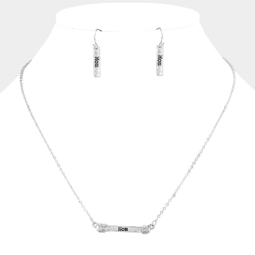 "MOM" Irregular Horizontal Metal Bar Pendant Necklace - Worn Silver