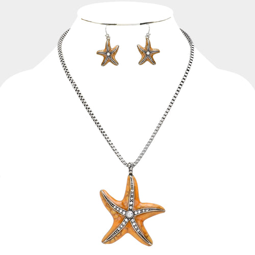 Crystal Enamel Starfish Pendant Necklace - Orange