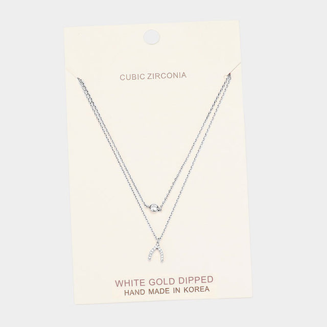 Madeline Love Clear, Rhodium White Gold Dipped Cubic Zirconia CZ Wishbone Pendant Necklace - Necklaces
