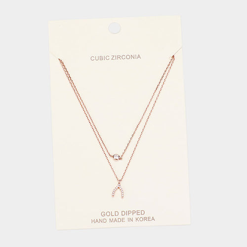 Gold Dipped Cubic Zirconia CZ Wishbone Pendant Necklace - Clear, Rose Gold