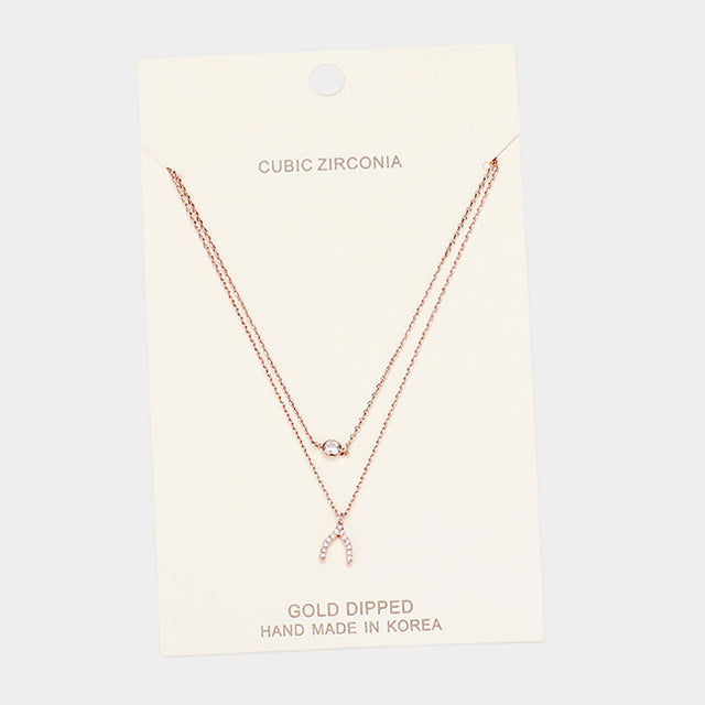 Madeline Love Clear, Rose Gold Gold Dipped Cubic Zirconia CZ Wishbone Pendant Necklace - Necklaces