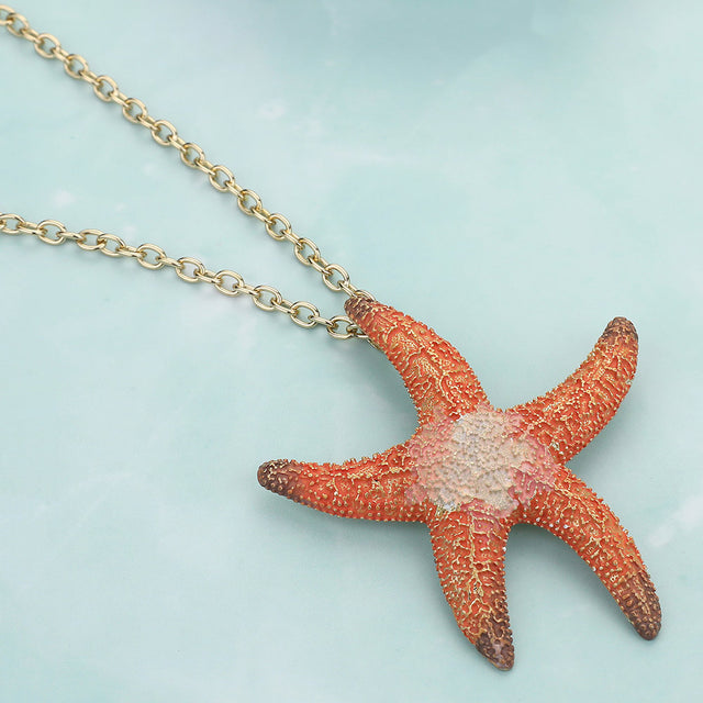 Coral, Gold Starfish Colored Metal Pendant Necklace