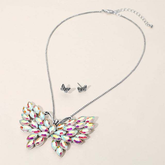 Madeline Love AB, Silver Burnished Iridescent Marquise Stone Cluster Butterfly Pendant Necklace - Jewelry